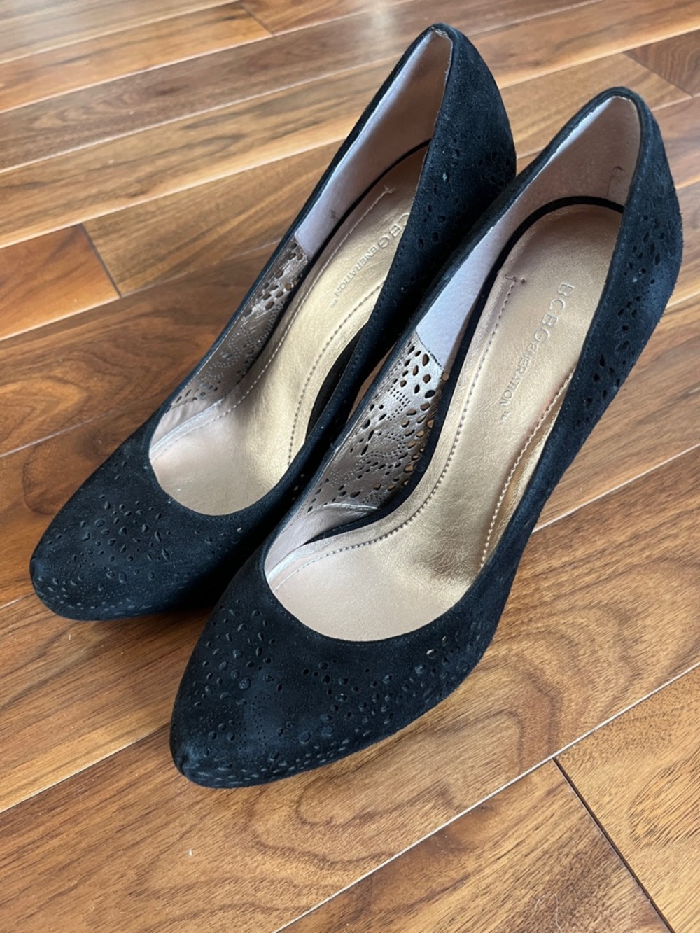 BCBGeneration Black Suede Laser-Cut Pointed Toe Heels